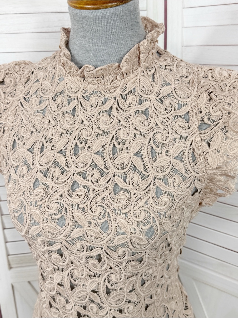 Zara Sheer Lace Ruffle Trim Sheath Dress Nude Tan Large Resort Coquette - Picture 5 of 12